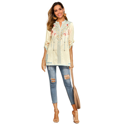 Spring Women Long-Sleeved Shirt Embroidered Overseas Mid-Length Stand Collar Shirt