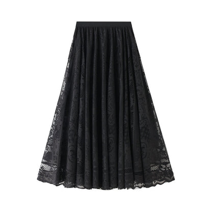 Water Soluble Lace Skirt Women Autumn Winter Sweater Mid Length High Waist A Line Skirt