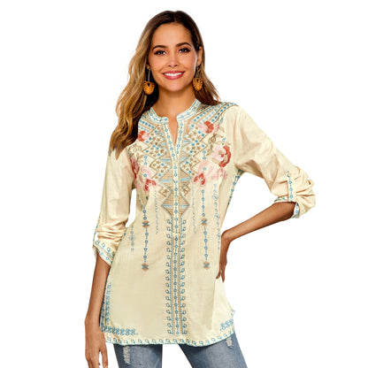 Spring Women Long-Sleeved Shirt Embroidered Overseas Mid-Length Stand Collar Shirt