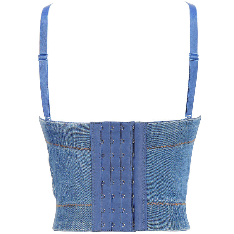 Winter New Pearl Suspender Heavy Industry Denim Rhinestone Tube Top Wrapped Chest Slimming Top