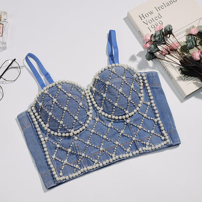 Winter New Pearl Suspender Heavy Industry Denim Rhinestone Tube Top Wrapped Chest Slimming Top