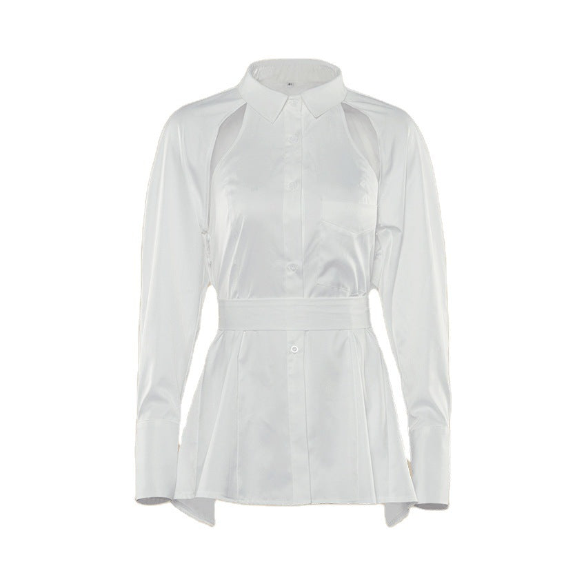 Camisa blanca de manga larga de primavera para mujer, ajustada a la cintura, con espalda expuesta y tirantes recortados