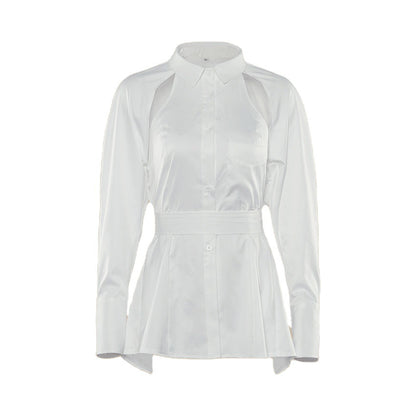 Camisa blanca de manga larga de primavera para mujer, ajustada a la cintura, con espalda expuesta y tirantes recortados