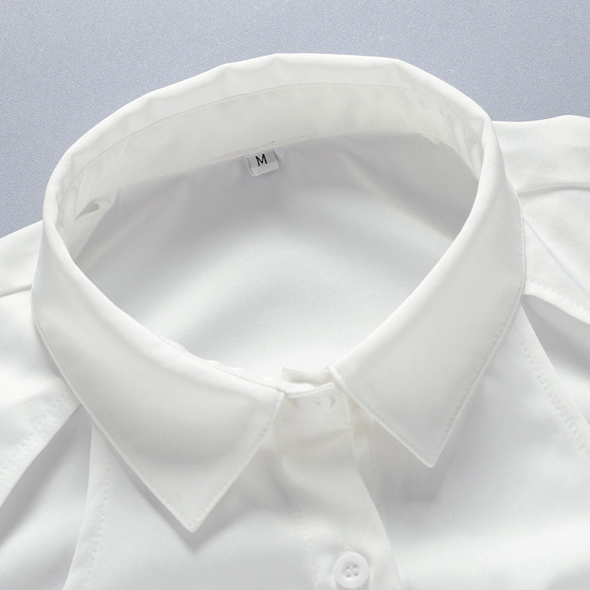 Camisa blanca de manga larga de primavera para mujer, ajustada a la cintura, con espalda expuesta y tirantes recortados