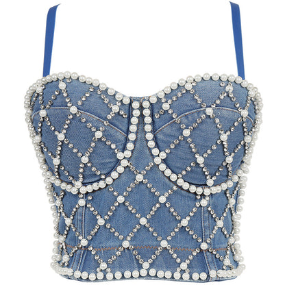 Winter Neue Perle Hosenträger Schwere Industrie Denim Strass Tube Top Gewickelt Brust Abnehmen Top