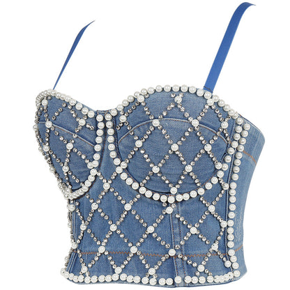 Winter Neue Perle Hosenträger Schwere Industrie Denim Strass Tube Top Gewickelt Brust Abnehmen Top