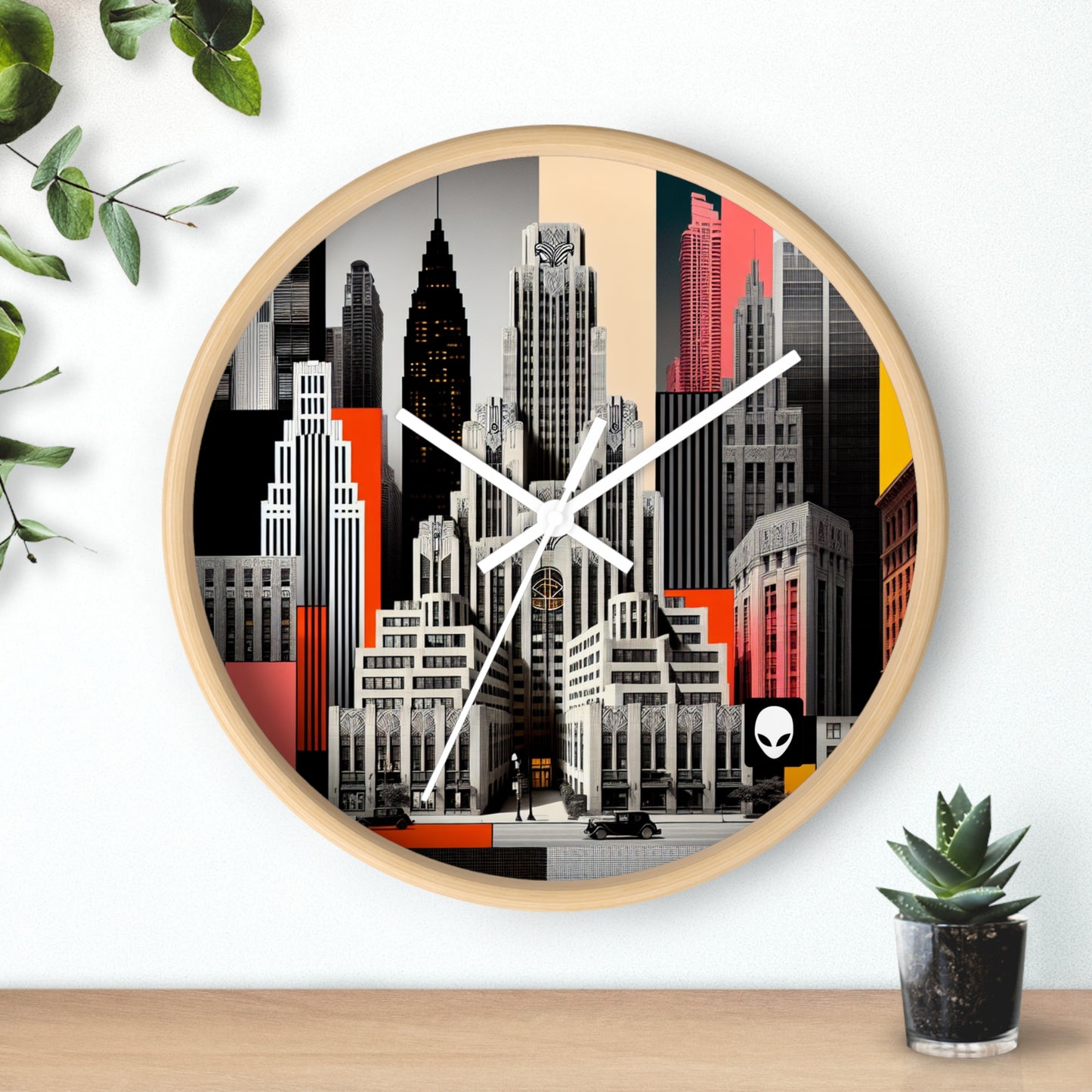 "A Contrast of Times: Classic Art Deco Skyscrapers and a Modern Cityscape" - The Alien Wall Clock Art Deco Style