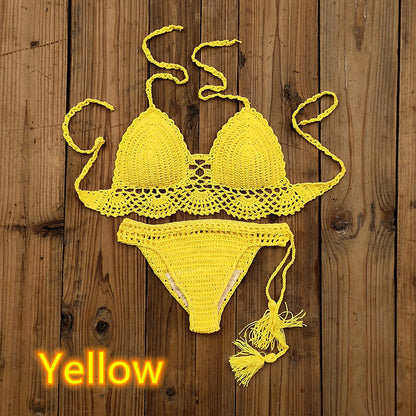 Women's Fashion Solid Color Handmade Crochet Bikini Suit