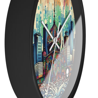 "Bright City: A Pop of Color on the Skyline" - The Alien Wall Clock Street Art / Graffiti Style