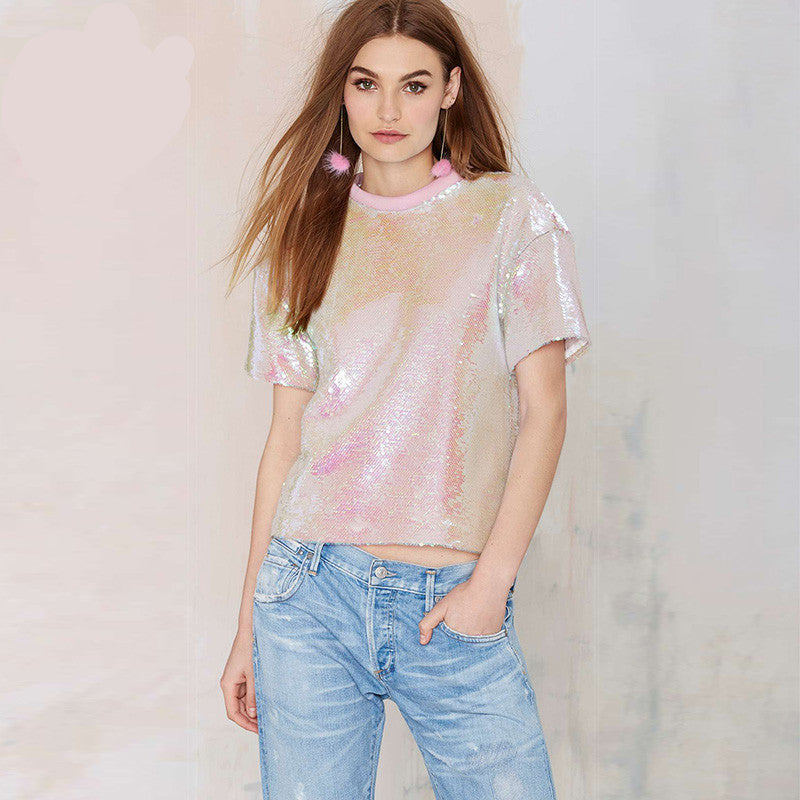 Pailletten Kurzarm Flash Trendy Kleidung Nachtclub Bar Sängerin Kostüm Lose Casual Rosa T-shirt