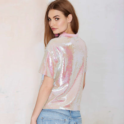 Pailletten Kurzarm Flash Trendy Kleidung Nachtclub Bar Sängerin Kostüm Lose Casual Rosa T-shirt