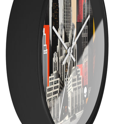 "A Contrast of Times: Classic Art Deco Skyscrapers and a Modern Cityscape" - The Alien Wall Clock Art Deco Style