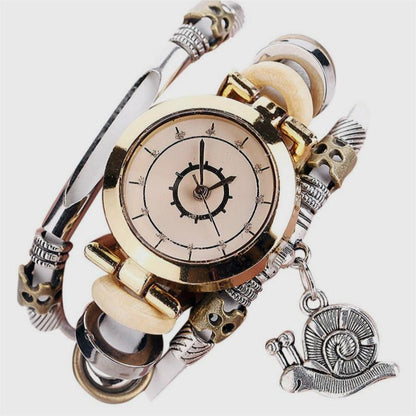 Reloj de pulsera vintage para mujer Reloj de cuero enrollado Colgante de caracol