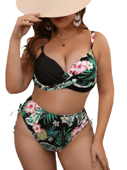 Traje de baño estampado de bikini dividido de talla grande para mujer