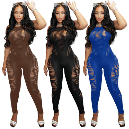 Sleeveless Nightclub Outfit Hollow Burnt Jumpsuit