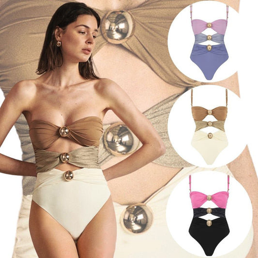 One-piece Swimsuit Women's Round Buckle Decoration Hollow Out Stitching Swimsuit Suit