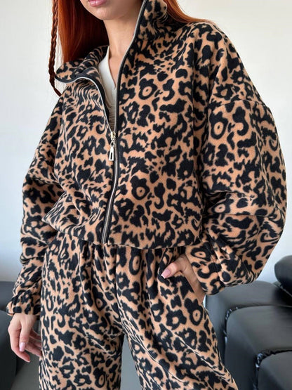 Traje de suéter con cremallera y estampado de leopardo suelto a la moda para mujer