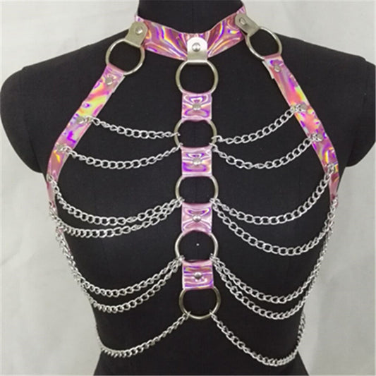 Women Halter Color Body Harness  Party Chain Belt Festival Rave Costume Clubwear Holographic Belt Pastel Goth Top