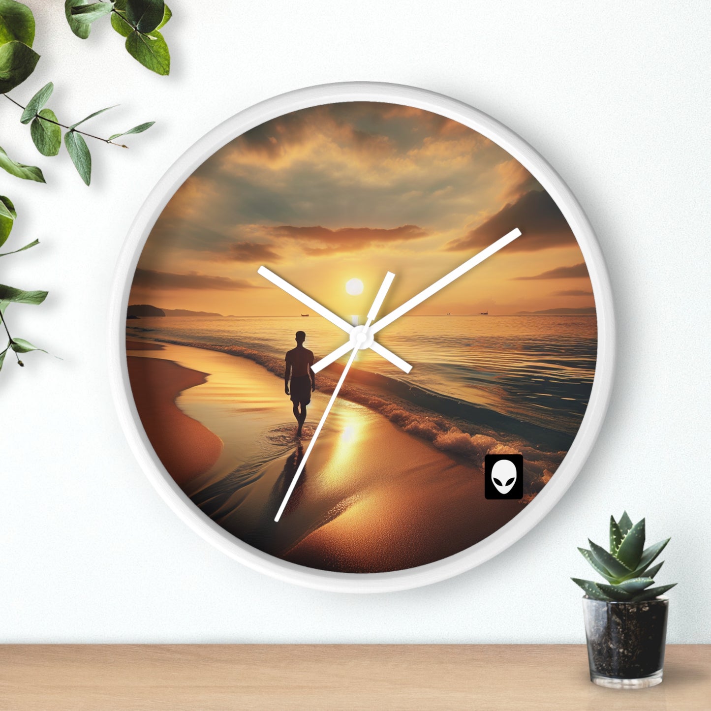 "Un paseo por la playa al atardecer" - El reloj de pared alienígena estilo fotorrealismo