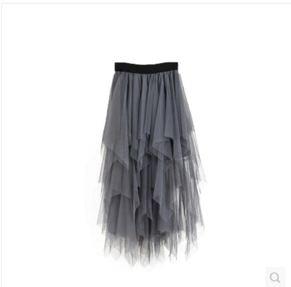 Spring Autumn Irregular Asymmetric Bottom Stitching Puffy Mesh Skirt High Waist Mesh Skirt Fairy Tide Skirt