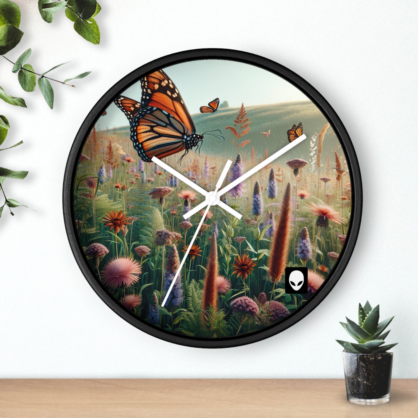 "Una monarca en una pradera de flores silvestres" - El estilo realista del reloj de pared alienígena