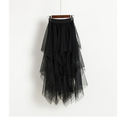 Spring Autumn Irregular Asymmetric Bottom Stitching Puffy Mesh Skirt High Waist Mesh Skirt Fairy Tide Skirt