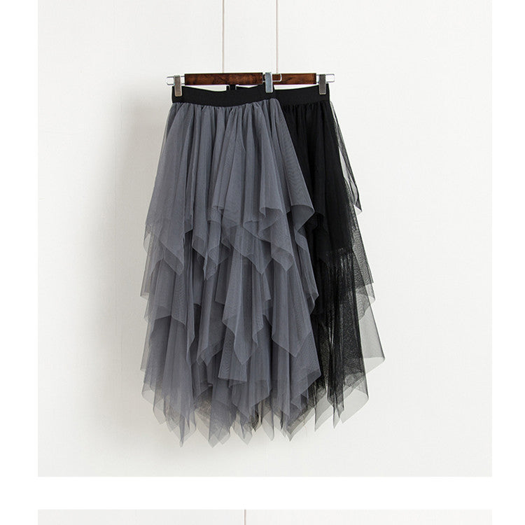 Primavera otoño Irregular asimétrico costura inferior falda de malla hinchada falda de malla de cintura alta falda de marea de hadas