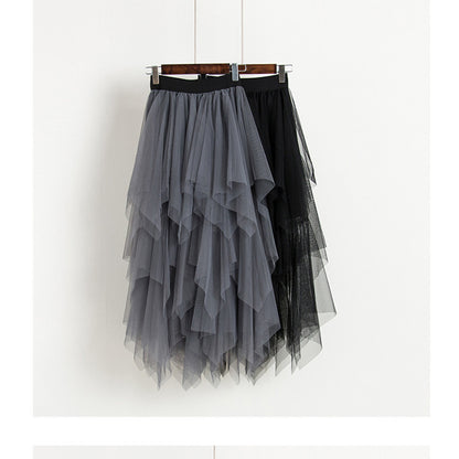 Spring Autumn Irregular Asymmetric Bottom Stitching Puffy Mesh Skirt High Waist Mesh Skirt Fairy Tide Skirt