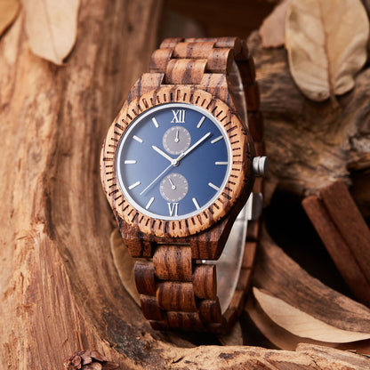 Reloj de madera multifuncional para hombre con movimiento de cuarzo.