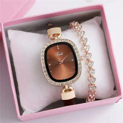 Reloj de pulsera para mujer, traje de dos piezas, reloj de cuarzo para mujer, reloj de moda con cinturón fino y diamantes de imitación