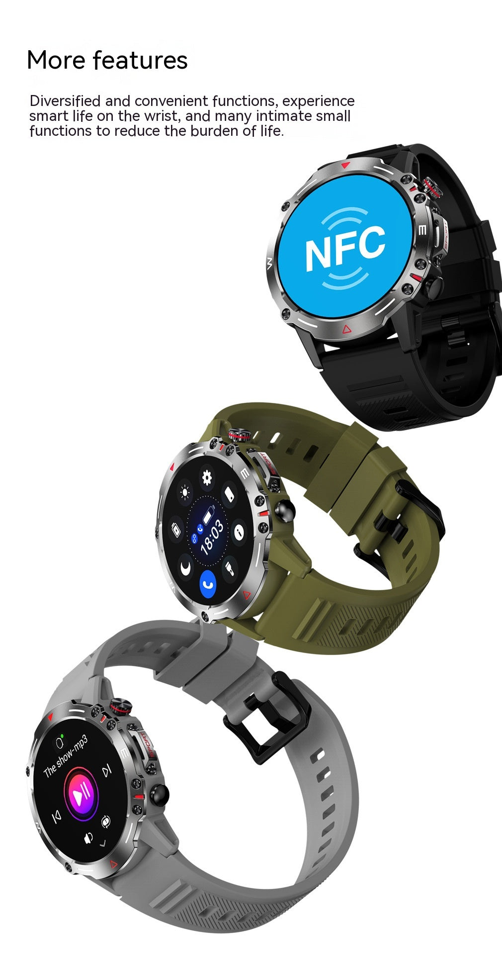 HK87 Bluetooth-Anruf-Smartwatch, dreifach, individuelles Zifferblatt, Herzfrequenz, Blutdruck, Musik