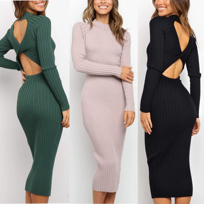 Nuevo estilo, trajes para mujer, vestidos tipo suéter, vestidos ajustados con lazo sin espalda y Color sólido para mujer