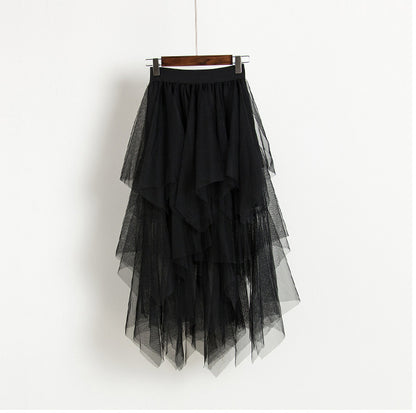 Spring Autumn Irregular Asymmetric Bottom Stitching Puffy Mesh Skirt High Waist Mesh Skirt Fairy Tide Skirt