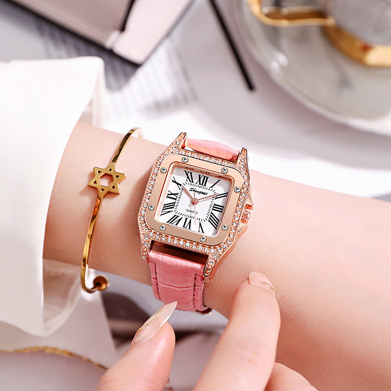 Reloj de mujer con cinturón de diamantes cuadrados y números romanos simples