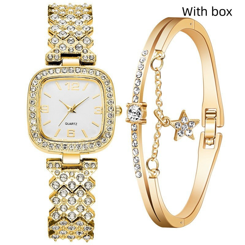 Conjunto de dos piezas de pulsera y reloj de diamantes para mujer