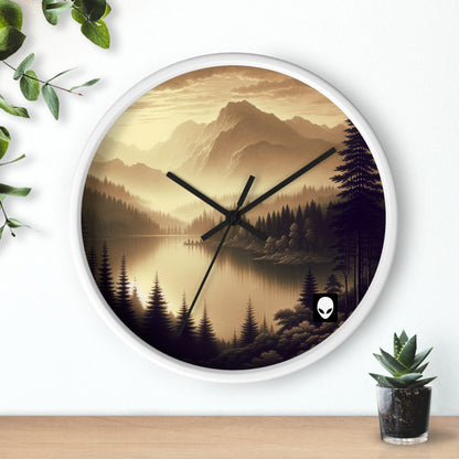 "Amanecer en el lago: Una mañana de montaña con niebla" - El estilo tonalista del reloj de pared alienígena