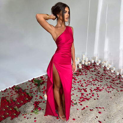 Vestido sexy de un solo hombro con espalda descubierta y abertura, vestidos de satén de Color liso ajustados elegantes de verano para mujer