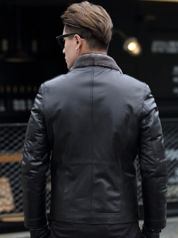 Male Leather Short Chic Motorcycle Jacket Thickened Coat