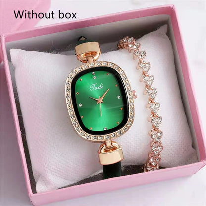 Reloj de pulsera para mujer, traje de dos piezas, reloj de cuarzo para mujer, reloj de moda con cinturón fino y diamantes de imitación