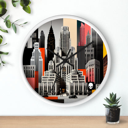 "A Contrast of Times: Classic Art Deco Skyscrapers and a Modern Cityscape" - The Alien Wall Clock Art Deco Style