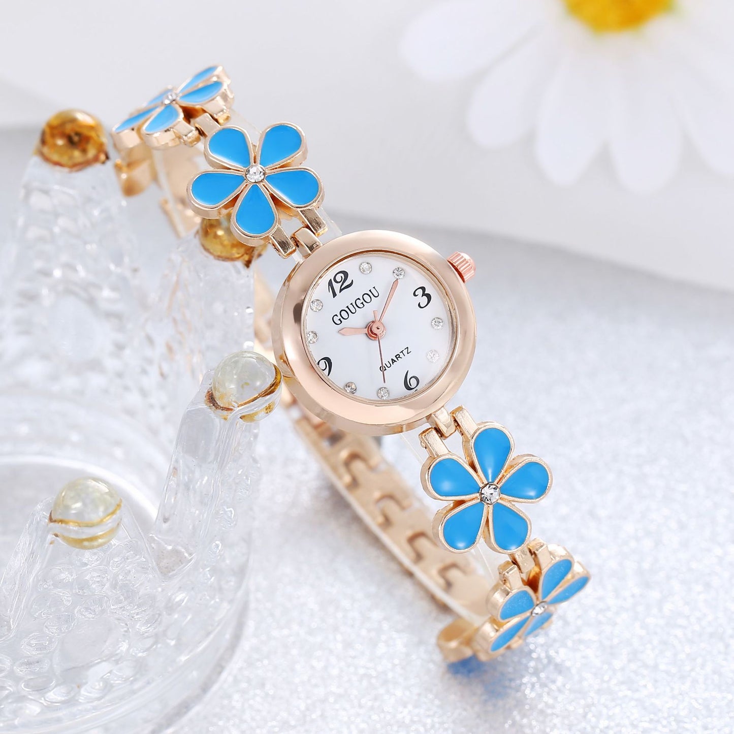 Damen-Armbanduhr mit Blumen-Scheibe, zweiteiliges Armband-Set