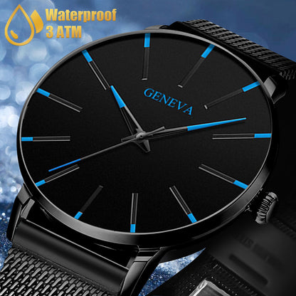 Reloj de cuarzo de lujo para hombre, acero inoxidable, analógico, ultrafino, resistente al agua, para negocios