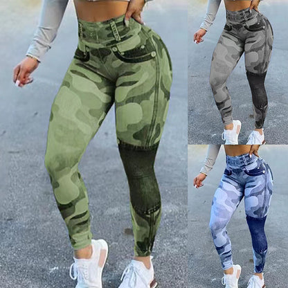 Damen-Yoga-Leggings mit mehrfarbigem Print und Camo-Motiv, schmale Passform, Butt Lift