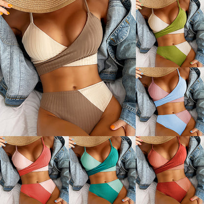 Bikini Patchwork Bademode Gerippter Damen Badeanzug Knotenrücken Strandmode Geraffter Po Biquinis Badeanzüge