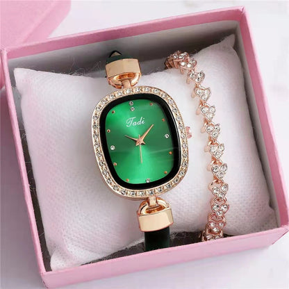 Reloj de pulsera para mujer, traje de dos piezas, reloj de cuarzo para mujer, reloj de moda con cinturón fino y diamantes de imitación