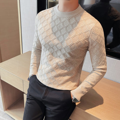 Round Neck High Elastic Diamond Plaid Sweater