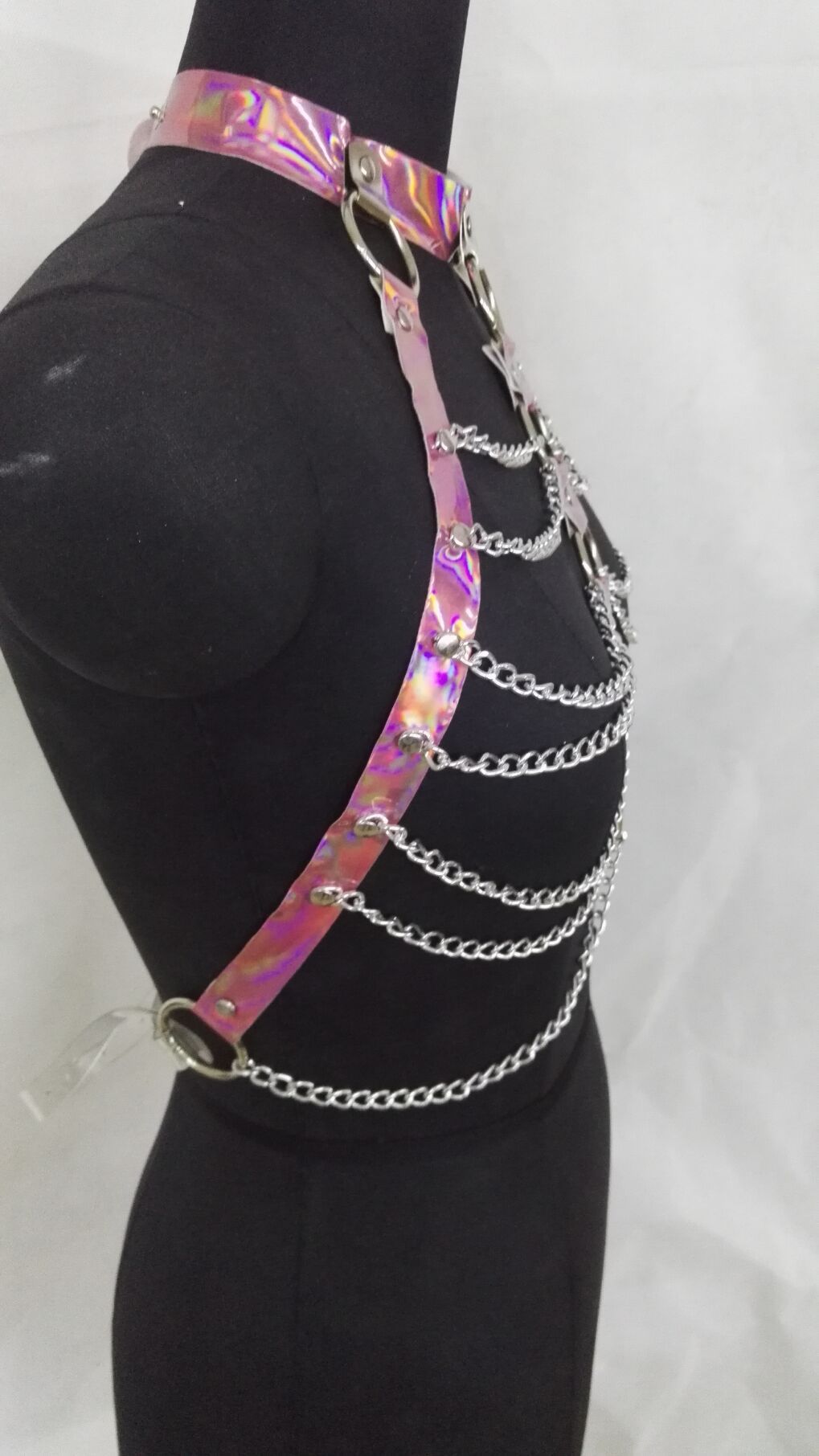 Women Halter Color Body Harness  Party Chain Belt Festival Rave Costume Clubwear Holographic Belt Pastel Goth Top