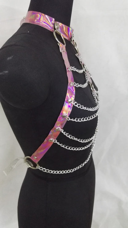 Arnés de cuerpo de Color Halter para mujer, cinturón de cadena para fiesta, traje de fiesta rave, ropa de discoteca, cinturón holográfico, Top gótico Pastel