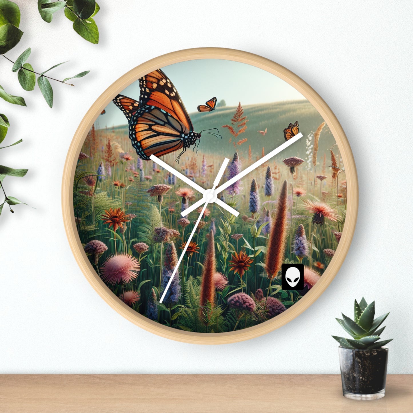 "Una monarca en una pradera de flores silvestres" - El estilo realista del reloj de pared alienígena