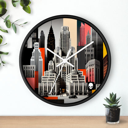 "Un contraste de tiempos: rascacielos Art Déco clásicos y un paisaje urbano moderno" - El reloj de pared alienígena estilo Art Déco